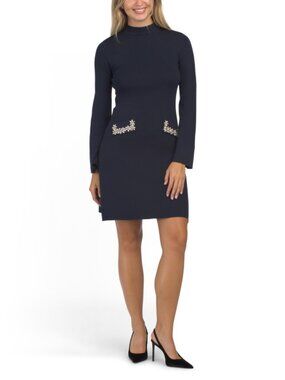 SOLITAIRE Long Sleeve Mock Neck Embellished Mini Sweater Dress